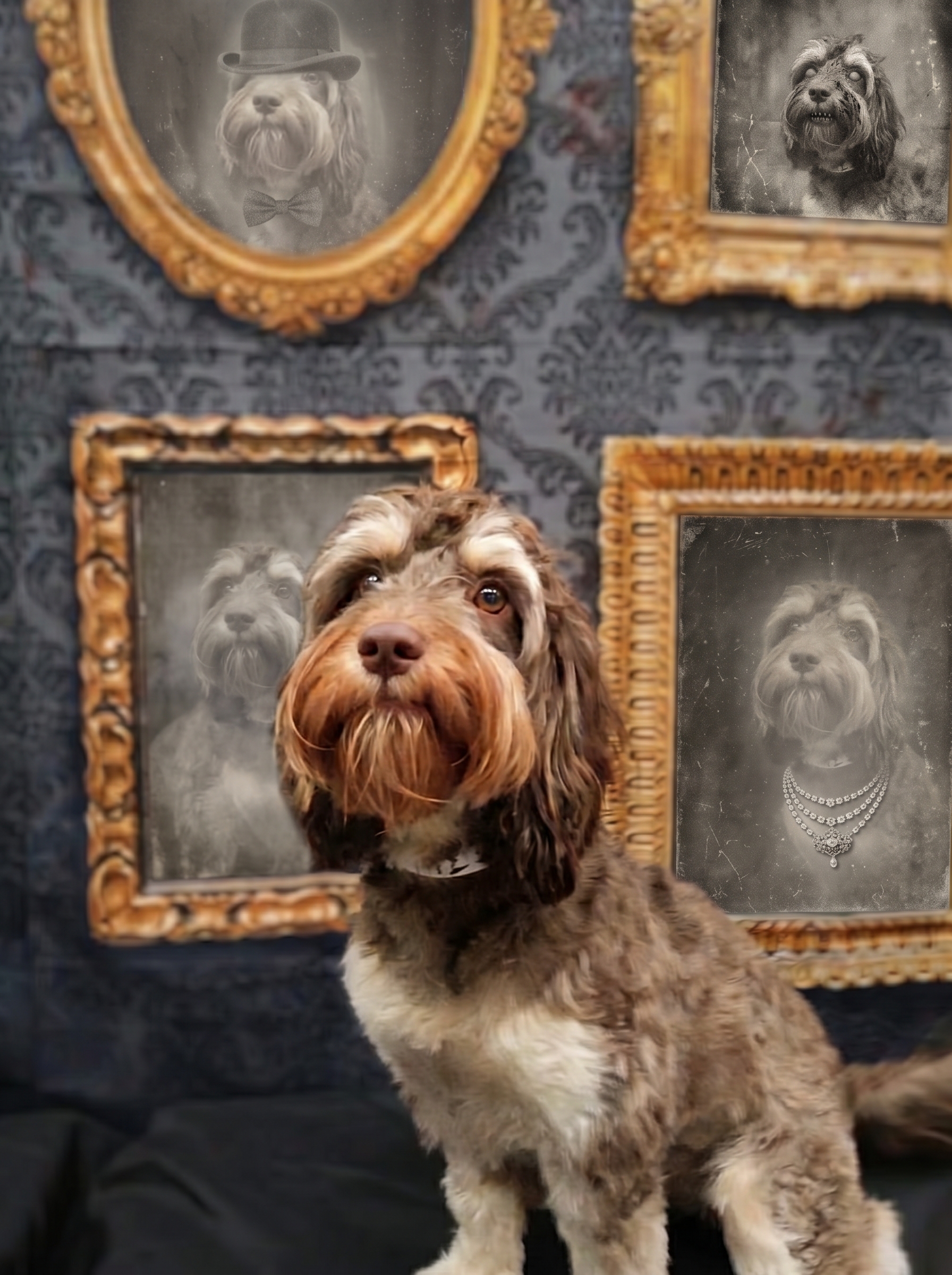 Paisley, a brown and white doodle with a long reddish beard, sits in front of a dark damask wall. Behind her hang four gold-framed, old-fashioned portraits that show her as a gentleman in a bowler hat and bow tie, as a zombie, and wearing a pearl necklace.