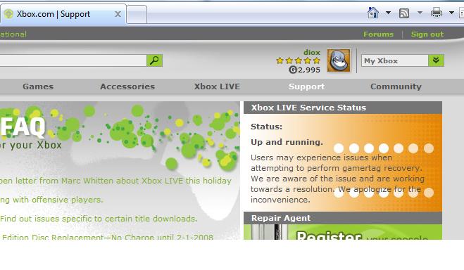 Screenshot of the Xbox.com support page showing Xbox LIVE service status